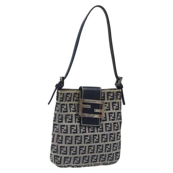 FENDI Zucchino Canvas Mamma Baguette Shoulder Bag Navy Silver - Picture 1 of 12